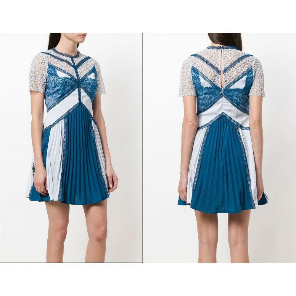 Self Portrait Lace Panel Pleated Blue Mini Dress 4